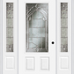 MMI 3/4 LITE 2 PANEL 6'8" FIBERGLASS SMOOTH EXPRESSIONS SATIN NICKEL EXTERIOR PREHUNG DOOR WITH 2 EXPRESSIONS SATIN NICKEL 3/4 LITE DECORATIVE GLASS SIDELIGHTS 607