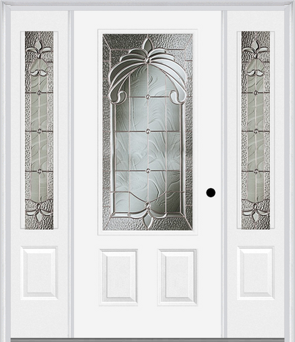 MMI 3/4 LITE 2 PANEL 6'8" FIBERGLASS SMOOTH EXPRESSIONS SATIN NICKEL EXTERIOR PREHUNG DOOR WITH 2 EXPRESSIONS SATIN NICKEL 3/4 LITE DECORATIVE GLASS SIDELIGHTS 607