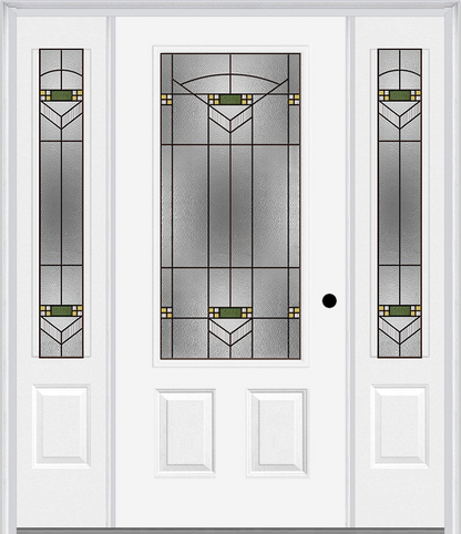 MMI 3/4 LITE 2 PANEL 6'8" FIBERGLASS SMOOTH GREENFIELD OIL RUBBED BRONZE EXTERIOR PREHUNG DOOR WITH 2 GREENFIELD OIL RUBBED BRONZE 3/4 LITE DECORATIVE GLASS SIDELIGHTS 607