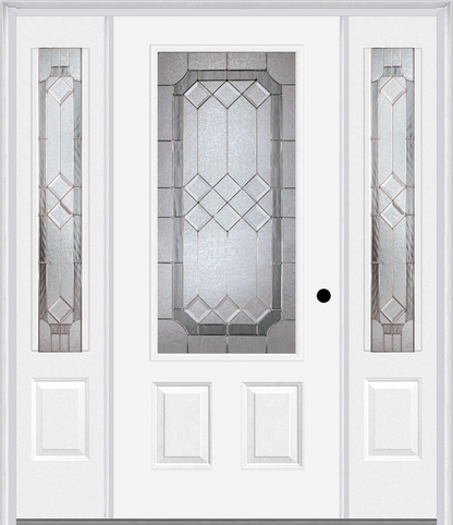 MMI 3/4 LITE 2 PANEL 6'8" FIBERGLASS SMOOTH MAJESTIC NICKEL EXTERIOR PREHUNG DOOR WITH 2 MAJESTIC NICKEL 3/4 LITE DECORATIVE GLASS SIDELIGHTS 607