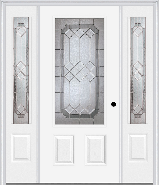 MMI 3/4 LITE 2 PANEL 6'8" FIBERGLASS SMOOTH MAJESTIC NICKEL EXTERIOR PREHUNG DOOR WITH 2 MAJESTIC NICKEL 3/4 LITE DECORATIVE GLASS SIDELIGHTS 607