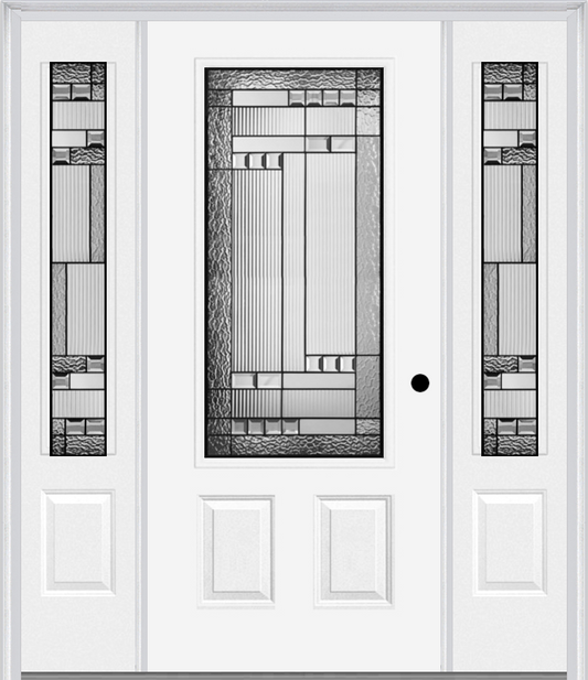 MMI 3/4 LITE 2 PANEL 6'8" FIBERGLASS SMOOTH METRO PATINA EXTERIOR PREHUNG DOOR WITH 2 METRO PATINA 3/4 LITE DECORATIVE GLASS SIDELIGHTS 607