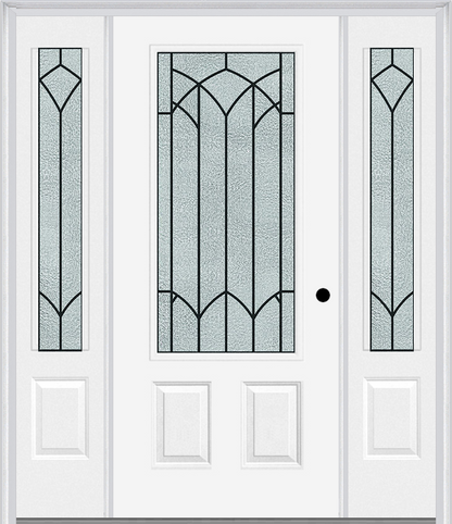 MMI 3/4 LITE 2 PANEL 6'8" FIBERGLASS SMOOTH MONTCLAIRE WROUGHT IRON EXTERIOR PREHUNG DOOR WITH 2 MONTCLAIRE WROUGHT IRON 3/4 LITE DECORATIVE GLASS SIDELIGHTS 607