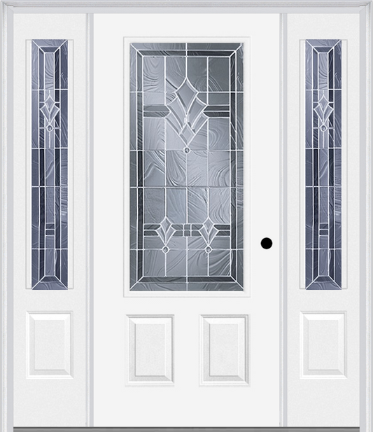 MMI 3/4 LITE 2 PANEL 6'8" FIBERGLASS SMOOTH RADIANT HUES NICKEL EXTERIOR PREHUNG DOOR WITH 2 RADIANT HUES NICKEL 3/4 LITE DECORATIVE GLASS SIDELIGHTS 607