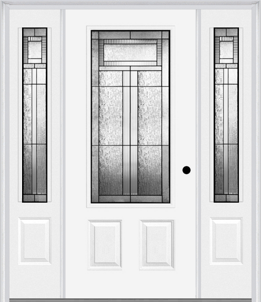 MMI 3/4 LITE 2 PANEL 6'8" FIBERGLASS SMOOTH ROYAL PATINA EXTERIOR PREHUNG DOOR WITH 2 ROYAL PATINA 3/4 LITE DECORATIVE GLASS SIDELIGHTS 607