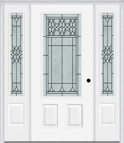 MMI 3/4 LITE 2 PANEL 6'8" FIBERGLASS SMOOTH SELWYN PATINA EXTERIOR PREHUNG DOOR WITH 2 SELWYN PATINA 3/4 LITE DECORATIVE GLASS SIDELIGHTS 607