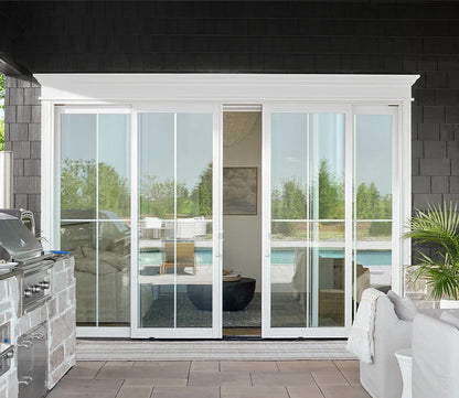 PELLA LIFESTYLE SERIES CONTEMPORARY 4 PANEL OXXO 140.125" X 79.5" ADVANCED LOW-E INSULATING TEMPERED ARGON FILL GLASS ASSEMBLED SLIDING/GLIDING PATIO DOOR GRILLES/SCREEN OPTIONS