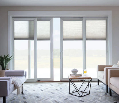 PELLA 140.125" X 79.5" LIFESTYLE SERIES CONTEMPORARY 4 PANEL OXXO HINGED GLASS WITH MANUAL BLINDS/SHADES ADVANCED LOW-E INSULATING TEMPERED ARGON FILL GLASS ASSEMBLED SLIDING/GLIDING PATIO DOOR SCREEN OPTION