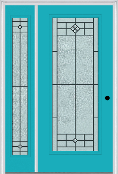 MMI FULL LITE 6'8" FIBERGLASS SMOOTH BEAUFORT PATINA EXTERIOR PREHUNG DOOR WITH 1 FULL LITE BEAUFORT PATINA DECORATIVE GLASS SIDELIGHT 686