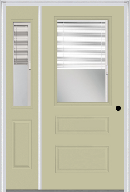 MMI 1/2 LITE HORIZONTAL 2 PANEL RAISE/LOWER BLINDS 3'0" X 6'8" FIBERGLASS SMOOTH CLEAR GLASS EXTERIOR PREHUNG DOOR WITH 1 HALF LITE RAISE/LOWER BLINDS CLEAR GLASS SIDELIGHT 631 RLB 692 RLB