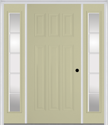 MMI CRAFTSMAN 6 PANEL 3'0" X 6'8" FIBERGLASS SMOOTH EXTERIOR PREHUNG DOOR WITH 2 FULL LITE SDL GRILLES GLASS SIDELIGHTS 400