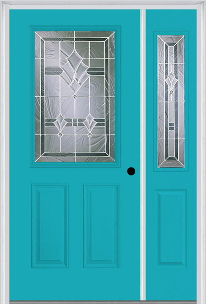 MMI 1/2 LITE 2 PANEL 6'8" FIBERGLASS SMOOTH RADIANT HUES NICKEL EXTERIOR PREHUNG DOOR WITH 1 HALF LITE RADIANT HUES NICKEL DECORATIVE GLASS SIDELIGHT 684