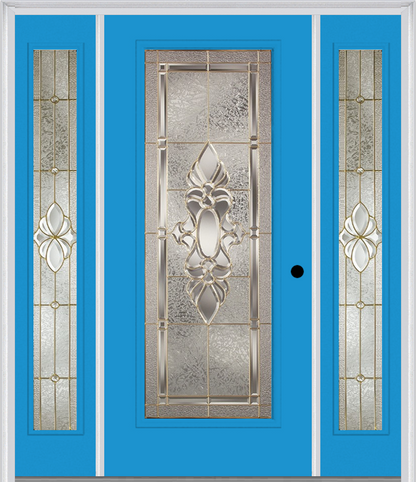 MMI FULL LITE 6'8" FIBERGLASS SMOOTH HEIRLOOMS BRASS OR HEIRLOOMS SATIN NICKEL EXTERIOR PREHUNG DOOR WITH 2 FULL LITE HEIRLOOMS BRASS/SATIN NICKEL DECORATIVE GLASS SIDELIGHTS 686