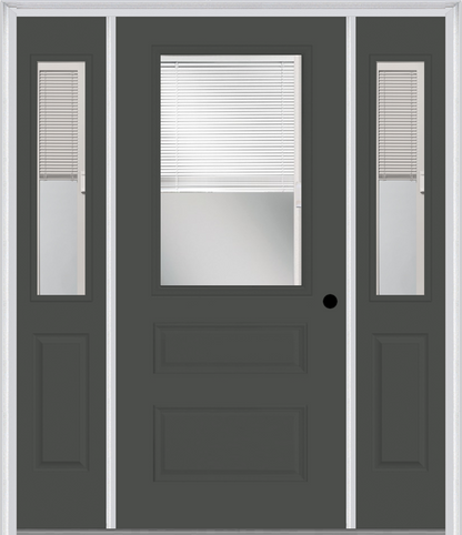 MMI 1/2 LITE HORIZONTAL 2 PANEL RAISE/LOWER BLINDS 3'0" X 6'8" FIBERGLASS SMOOTH EXTERIOR PREHUNG DOOR WITH 2 HALF LITE RAISE/LOWER BLINDS CLEAR GLASS SIDELIGHTS 631 RLB 692 RLB