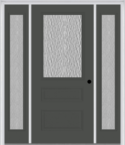 MMI 1/2 LITE HORIZONTAL 2 PANEL 3'0" X 6'8" FIBERGLASS SMOOTH TEXTURED/PRIVACY GLASS EXTERIOR PREHUNG DOOR WITH 2 FULL LITE TEXTURED/PRIVACY GLASS SIDELIGHTS 631