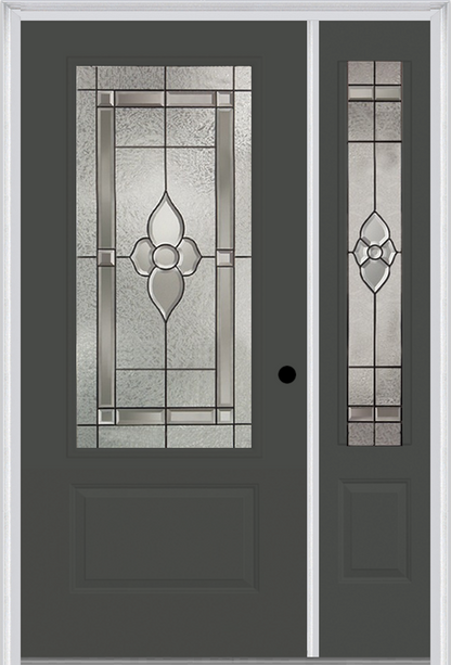 MMI 3/4 LITE 1 PANEL 3'0" X 6'8" FIBERGLASS SMOOTH NOUVEAU BRASS, NOUVEAU NICKEL, OR NOUVEAU PATINA EXTERIOR PREHUNG DOOR WITH 1 NOUVEAU BRASS/NICKEL/PATINA 3/4 LITE DECORATIVE GLASS SIDELIGHT 608