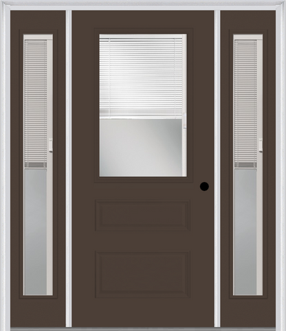 MMI 1/2 LITE HORIZONTAL 2 PANEL RAISE/LOWER BLINDS 3'0" X 6'8" FIBERGLASS SMOOTH EXTERIOR PREHUNG DOOR WITH 2 FULL LITE RAISE/LOWER BLINDS CLEAR GLASS SIDELIGHTS 631 RLB 690 RLB