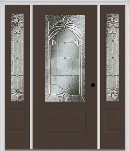 MMI 3/4 LITE 1 PANEL 6'8" FIBERGLASS SMOOTH EXPRESSIONS SATIN NICKEL EXTERIOR PREHUNG DOOR WITH 2 EXPRESSIONS SATIN NICKEL 3/4 LITE DECORATIVE GLASS SIDELIGHTS 608