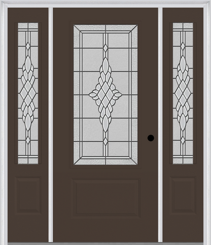 MMI 3/4 LITE 1 PANEL 6'8" FIBERGLASS SMOOTH GRACE NICKEL OR GRACE PATINA EXTERIOR PREHUNG DOOR WITH 2 GRACE NICKEL/PATINA 3/4 LITE DECORATIVE GLASS SIDELIGHTS 608