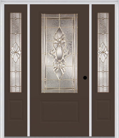 MMI 3/4 LITE 1 PANEL 6'8" FIBERGLASS SMOOTH HEIRLOOMS BRASS OR HEIRLOOMS SATIN NICKEL EXTERIOR PREHUNG DOOR WITH 2 HEIRLOOMS BRASS/SATIN NICKEL 3/4 LITE DECORATIVE GLASS SIDELIGHTS 608