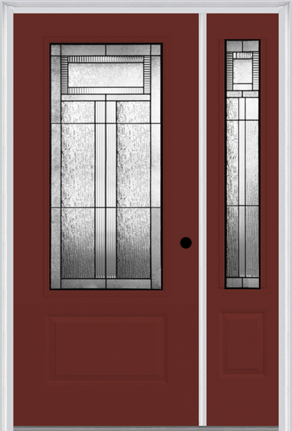 MMI 3/4 LITE 1 PANEL 6'8" FIBERGLASS SMOOTH ROYAL PATINA EXTERIOR PREHUNG DOOR WITH 1 ROYAL PATINA 3/4 LITE DECORATIVE GLASS SIDELIGHT 608