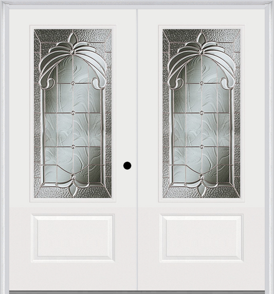 MMI TWIN/DOUBLE 3/4 LITE 1 PANEL 6'0" X 6'8" FIBERGLASS SMOOTH EXPRESSIONS SATIN NICKEL DECORATIVE GLASS EXTERIOR PREHUNG DOOR 608