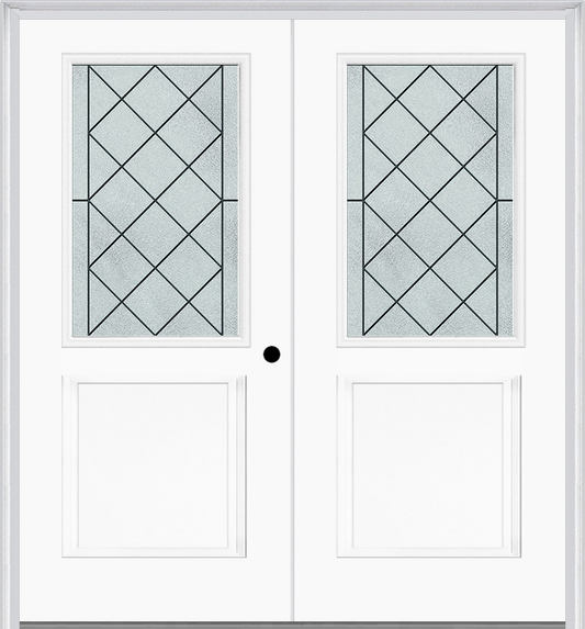 MMI TWIN/DOUBLE 1/2 LITE 1 PANEL 6'8" FIBERGLASS SMOOTH HARRIS PATINA DECORATIVE GLASS EXTERIOR PREHUNG DOOR 682