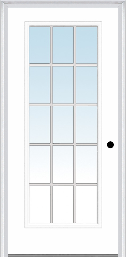 MMI FULL LITE 6'8" BUILDERS CLASSIC 15 LITE CLEAR GLASS WHITE GRILLES BETWEEN GLASS FINGER JOINTED PRIMED EXTERIOR PREHUNG DOOR 686 GBG