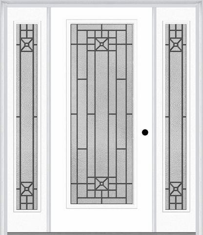 MMI FULL LITE 6'8" FIBERGLASS SMOOTH COURTYARD NICKEL VEIN WROUGHT IRON EXTERIOR PREHUNG DOOR WITH 2 FULL LITE COURTYARD NICKEL VEIN WROUGHT IRON DECORATIVE GLASS SIDELIGHTS 686