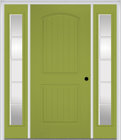 MMI 2 PANEL ARCH PLANKED 3'0" X 6'8" FIBERGLASS SMOOTH EXTERIOR PREHUNG DOOR WITH 2 FULL LITE SDL GRILLES GLASS SIDELIGHTS 200