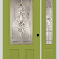 MMI 3/4 LITE 2 PANEL 6'8" FIBERGLASS SMOOTH HEIRLOOMS BRASS OR HEIRLOOMS SATIN NICKEL EXTERIOR PREHUNG DOOR WITH 1 HEIRLOOMS BRASS/SATIN NICKEL 3/4 LITE DECORATIVE GLASS SIDELIGHT 607