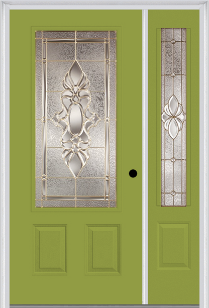 MMI 3/4 LITE 2 PANEL 6'8" FIBERGLASS SMOOTH HEIRLOOMS BRASS OR HEIRLOOMS SATIN NICKEL EXTERIOR PREHUNG DOOR WITH 1 HEIRLOOMS BRASS/SATIN NICKEL 3/4 LITE DECORATIVE GLASS SIDELIGHT 607