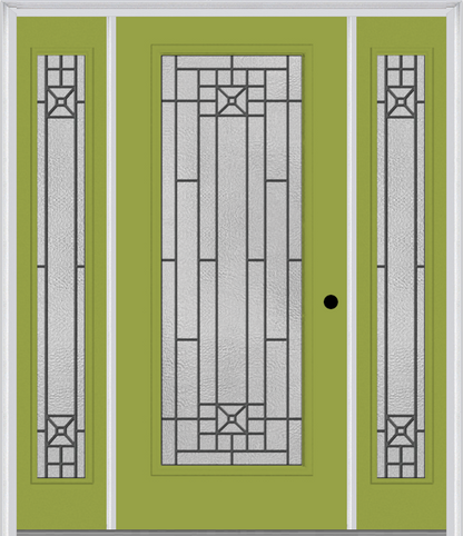 MMI FULL LITE 6'8" FIBERGLASS SMOOTH COURTYARD NICKEL VEIN WROUGHT IRON EXTERIOR PREHUNG DOOR WITH 2 FULL LITE COURTYARD NICKEL VEIN WROUGHT IRON DECORATIVE GLASS SIDELIGHTS 686