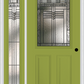 MMI 1/2 LITE 2 PANEL 6'8" FIBERGLASS SMOOTH OAK PARK PATINA EXTERIOR PREHUNG DOOR WITH 1 FULL LITE OAK PARK PATINA DECORATIVE GLASS SIDELIGHT 684