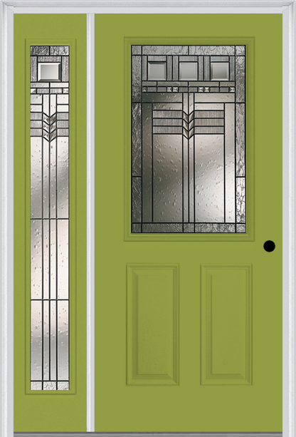 MMI 1/2 LITE 2 PANEL 6'8" FIBERGLASS SMOOTH OAK PARK PATINA EXTERIOR PREHUNG DOOR WITH 1 FULL LITE OAK PARK PATINA DECORATIVE GLASS SIDELIGHT 684