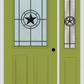 MMI 1/2 LITE 2 PANEL 6'8" FIBERGLASS SMOOTH ELEGANT STAR WROUGHT IRON EXTERIOR PREHUNG DOOR WITH 1 HALF LITE ELEGANT STAR WROUGHT IRON DECORATIVE GLASS SIDELIGHT 684