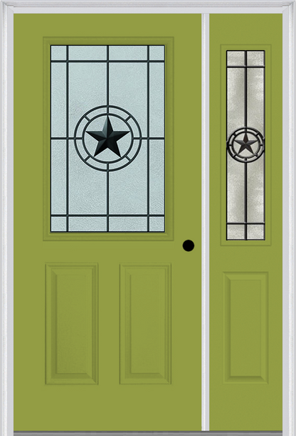 MMI 1/2 LITE 2 PANEL 6'8" FIBERGLASS SMOOTH ELEGANT STAR WROUGHT IRON EXTERIOR PREHUNG DOOR WITH 1 HALF LITE ELEGANT STAR WROUGHT IRON DECORATIVE GLASS SIDELIGHT 684