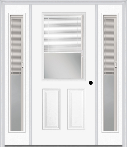 MMI 1/2 LITE 2 PANEL RAISE/LOWER BLINDS 3'0" X 6'8" FIBERGLASS SMOOTH EXTERIOR PREHUNG DOOR WITH 2 FULL LITE GLASS RAISE/LOWER BLINDS SIDELIGHTS 684 RLB 694 RLB