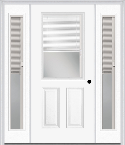 MMI 1/2 LITE 2 PANEL RAISE/LOWER BLINDS 3'0" X 6'8" FIBERGLASS SMOOTH EXTERIOR PREHUNG DOOR WITH 2 FULL LITE GLASS RAISE/LOWER BLINDS SIDELIGHTS 684 RLB 694 RLB