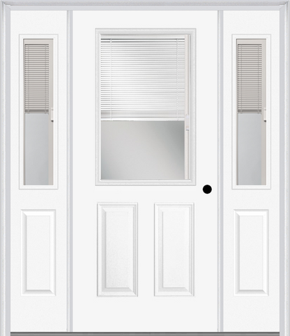 MMI 1/2 LITE 2 PANEL RAISE/LOWER BLINDS 3'0" X 6'8" FIBERGLASS SMOOTH EXTERIOR PREHUNG DOOR WITH 2 HALF LITE GLASS RAISE/LOWER BLINDS SIDELIGHTS 684 RLB 692 RLB