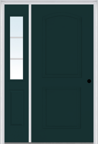 MMI 2 PANEL ARCH 3'0" X 6'8" FIBERGLASS SMOOTH EXTERIOR PREHUNG DOOR WITH 1 HALF LITE SDL GRILLES GLASS SIDELIGHT 22