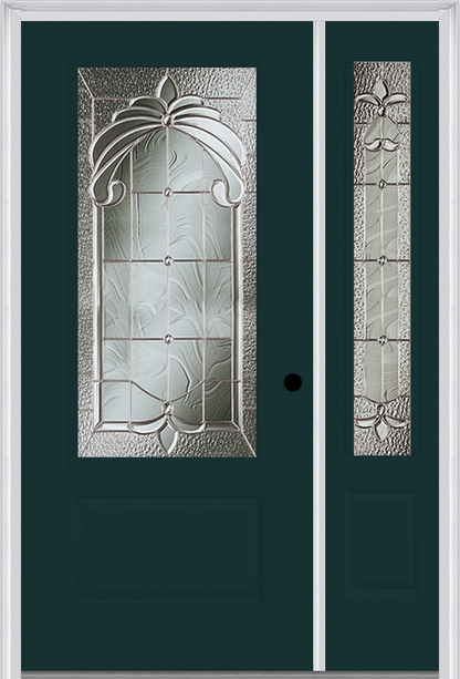 MMI 3/4 LITE 1 PANEL 6'8" FIBERGLASS SMOOTH EXPRESSIONS SATIN NICKEL EXTERIOR PREHUNG DOOR WITH 1 EXPRESSIONS SATIN NICKEL 3/4 LITE DECORATIVE GLASS SIDELIGHT 608