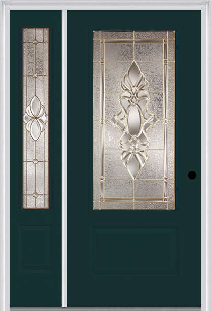 MMI 3/4 LITE 1 PANEL 3'0" X 6'8" FIBERGLASS SMOOTH HEIRLOOMS BRASS OR HEIRLOOMS SATIN NICKEL EXTERIOR PREHUNG DOOR WITH 1 HEIRLOOMS BRASS/SATIN NICKEL 3/4 LITE DECORATIVE GLASS SIDELIGHT 608