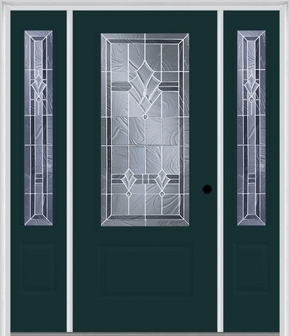 MMI 3/4 LITE 1 PANEL 6'8" FIBERGLASS SMOOTH RADIANT HUES NICKEL EXTERIOR PREHUNG DOOR WITH 2 RADIANT HUES NICKEL 3/4 LITE DECORATIVE GLASS SIDELIGHTS 608