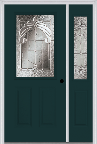 MMI 1/2 LITE 2 PANEL 6'8" FIBERGLASS SMOOTH EXPRESSIONS SATIN NICKEL EXTERIOR PREHUNG DOOR WITH 1 HALF LITE EXPRESSIONS SATIN NICKEL DECORATIVE GLASS SIDELIGHT 684