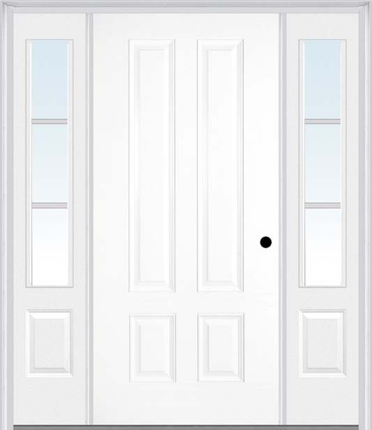 MMI LONGTOP PANEL 3'0" X 6'8" FIBERGLASS SMOOTH EXTERIOR PREHUNG DOOR WITH 2 LOW-E SDL GRILLES 3/4 LITES SIDELIGHTS 140