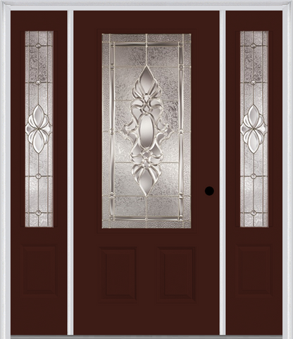 MMI 3/4 LITE 2 PANEL 6'8" FIBERGLASS SMOOTH HEIRLOOMS BRASS OR HEIRLOOMS SATIN NICKEL EXTERIOR PREHUNG DOOR WITH 2 HEIRLOOMS BRASS/SATIN NICKEL 3/4 LITE DECORATIVE GLASS SIDELIGHTS 607