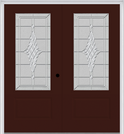 MMI TWIN/DOUBLE 3/4 LITE 1 PANEL 6'0" X 6'8" FIBERGLASS SMOOTH GRACE NICKEL OR GRACE PATINA DECORATIVE GLASS EXTERIOR PREHUNG DOOR 608