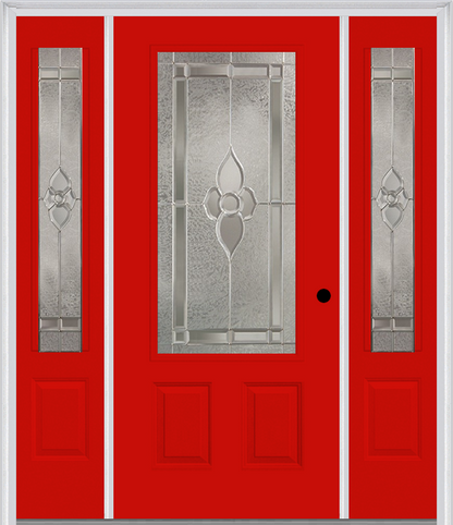 MMI 3/4 LITE 2 PANEL 6'8" FIBERGLASS SMOOTH NOUVEAU BRASS, NOUVEAU NICKEL, OR NOUVEAU PATINA EXTERIOR PREHUNG DOOR WITH 2 NOUVEAU BRASS/NICKEL/PATINA 3/4 LITE DECORATIVE GLASS SIDELIGHTS 607