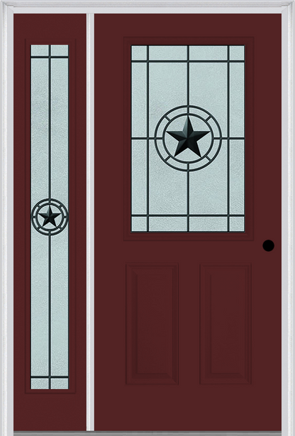 MMI 1/2 LITE 2 PANEL 6'8" FIBERGLASS SMOOTH ELEGANT STAR WROUGHT IRON EXTERIOR PREHUNG DOOR WITH 1 FULL LITE ELEGANT STAR WROUGHT IRON DECORATIVE GLASS SIDELIGHT 684